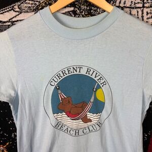 Vintage 80s Current River Beach Club Bear T-Shirt Blue Large Single Stitch